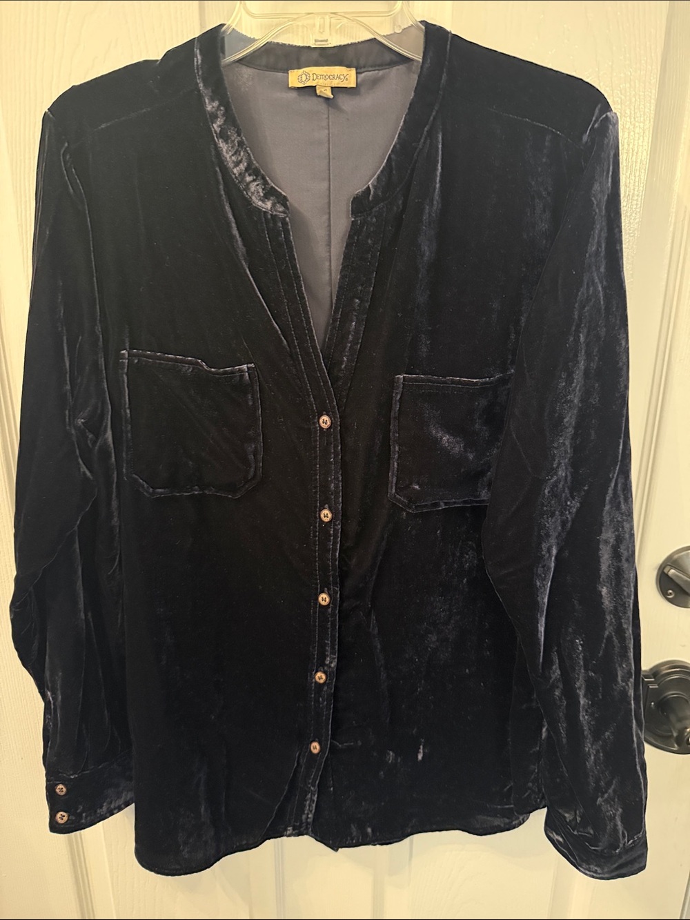 Velvet Button-Front Top- Navy